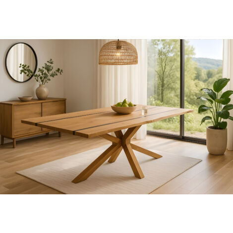 Esstisch 180 x 90 cm Akazie massiv natur mit schwarzen Resin-Adern Spider-Gestell Holz natur PETER