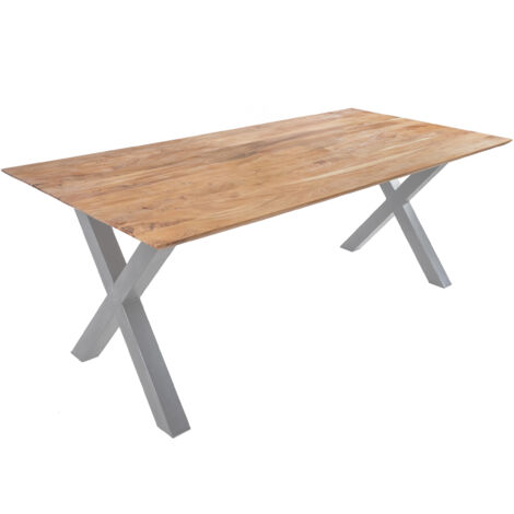 Esstisch 200x100 cm Akazie massiv eichenfarben schweizer Kante X-Gestell silber DEAN