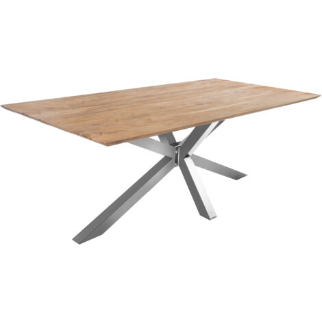 Esstisch 200x100cm Akazie massiv eichenfarben schweizer Kante Spider-Gestell silber DEAN