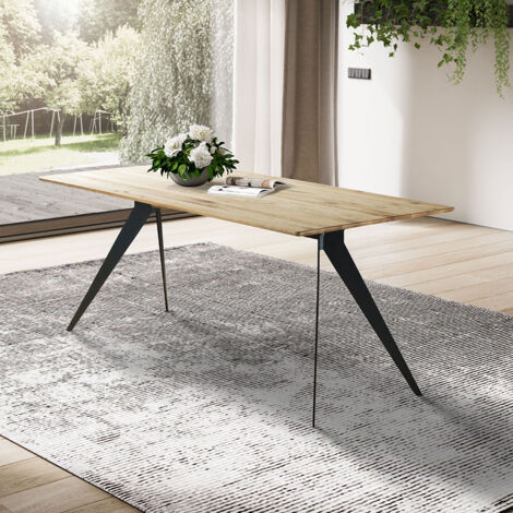 Esstisch 200x100cm mit abgerundeter Kante, Wildeiche massiv geölt, Metallfußgestell, TISDALE-69