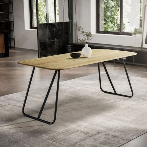 Esstisch 200x100cm mit runder Kante, Wildeiche massiv geölt, Metallfußgestell, TISDALE-69