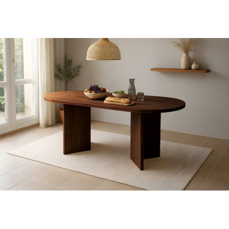Esstisch 204 x 90 cm Akazienholz Nussbaum gerade Kante oval V-Gestell LAURIE