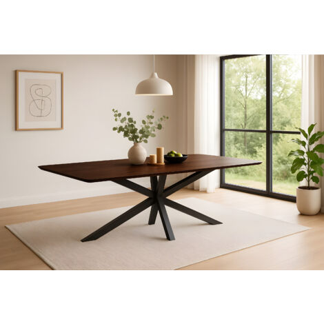 Esstisch 220 x 100 cm Akazie massiv kastanienfarben Schweizer Kante Spider-Gestell schwarz ROBERTO
