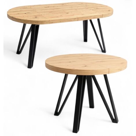 Esstisch Ausziehbar, Rund Ø110/210 cm Artisan Eiche, Massiver Tisch im Industrial-Stil mit Metallgestell