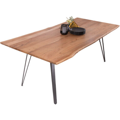 Esstisch Baumkante 200 x 100 cm Akazie massiv naturfarben Metallgestell Silber CELIA
