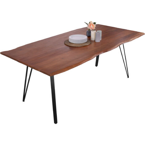 Esstisch Baumkante 220 x 100 cm Akazie massiv nussbaumfarben Metallgestell Schwarz CELIA