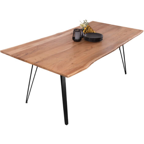 Esstisch Baumkante 240 x 100 cm Akazie massiv naturfarben Metallgestell Schwarz CELIA