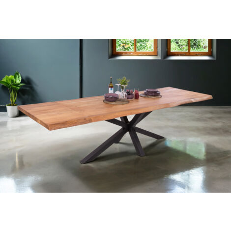 Esstisch Baumkante Akazie natur 140 (220) x 90 cm Spider-Gestell schwarz mit Ansteckplatten CALI