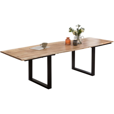 Esstisch Baumkante Akazie natur 160(260)x90 Ansteckplatten schwarz PAULO