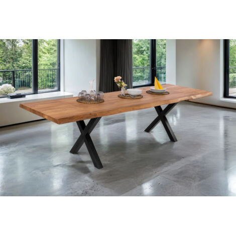 Esstisch Baumkante Akazie natur 180 (280) x 90 X-Gestell schwarz mit Ansteckplatten CALI