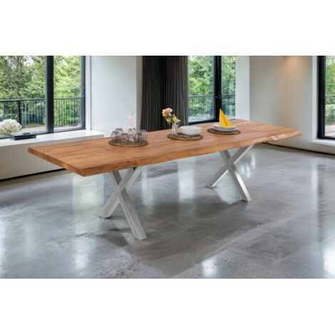 Esstisch Baumkante Akazie natur 180 (280) x 90 X-Gestell silber mit Ansteckplatten CALI