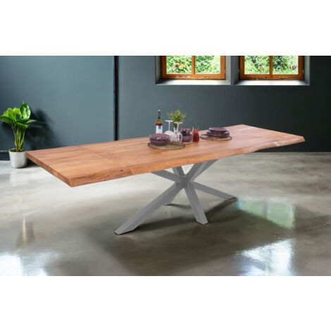 Esstisch Baumkante Akazie natur 200 (300) x 100 Spider-Gestell silber mit Ansteckplatten CALI