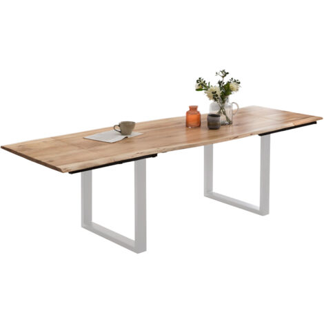 Esstisch Baumkante Akazie natur 220(320)x100 Ansteckplatten silber PAULO