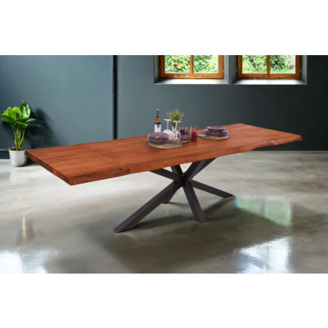 Esstisch Baumkante Akazie nuss 220 (320) x 100 Spider-Gestell schwarz mit Ansteckplatten CALI
