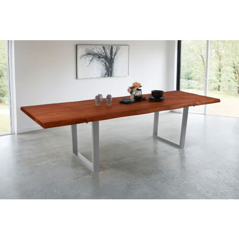 Esstisch Baumkante Akazie nuss 220 (320) x 100 U-Gestell silber mit Ansteckplatten CALI