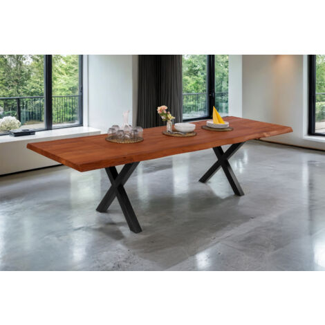 Esstisch Baumkante Akazie nuss 220 (320) x 100 X-Gestell schwarz mit Ansteckplatten CALI