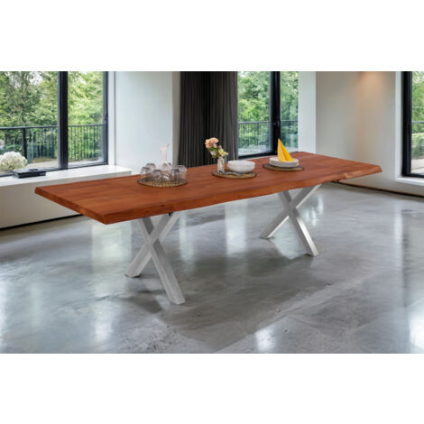 Esstisch Baumkante Akazie nuss 220 (320) x 100 X-Gestell silber mit Ansteckplatten CALI
