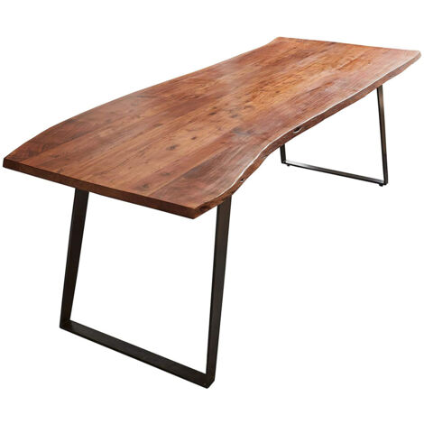 Esstisch Baumkante Akazie nussbaum 180x90 schwarz schräges U-Gestell HOBART