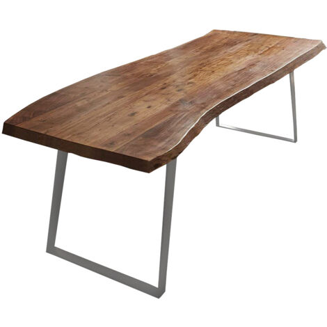 Esstisch Baumkante Akazie nussbaum 200 x 100 schräges U-Gestell silber HALMSTAD