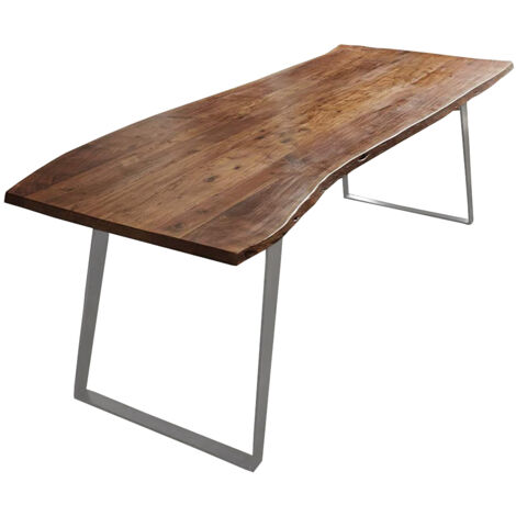 Esstisch Baumkante Akazie nussbaum 240x100 silber schräges U-Gestell HOBART