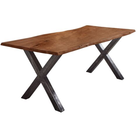 Esstisch Baumkante Akazie nussbaumfarben 200 x 100 cm Vintage X-Gestell schwarz FREDERIK