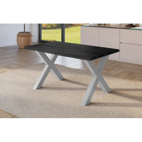 Esstisch Baumkante Holz-Optik Grau 120 x 80 X-Gestell silber JULIUS