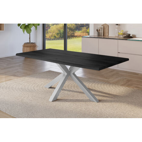 Esstisch Baumkante Holz-Optik Grau 180 x 90 Spider-Gestell silber JULIUS