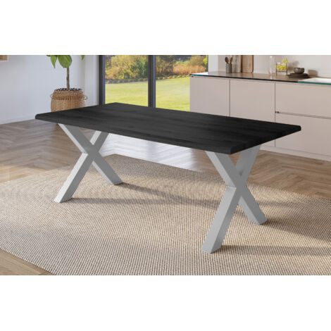 Esstisch Baumkante Holz-Optik Grau 220 x 100 X-Gestell silber JULIUS