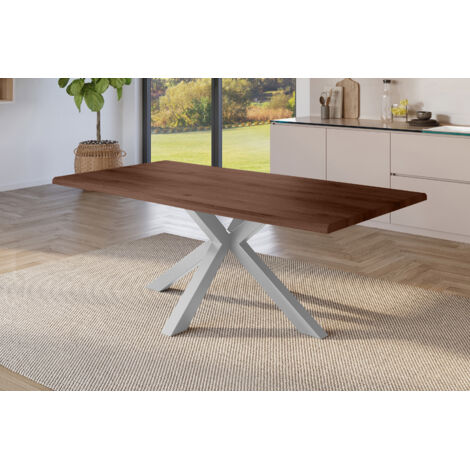 Esstisch Baumkante Holz-Optik Nussbaum 220 x 100 Spider-Gestell silber JULIUS
