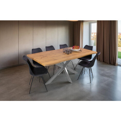 Esstisch Baumkante Holz-Optik Wildeiche 180 x 90 Spider-Gestell silber JOSY