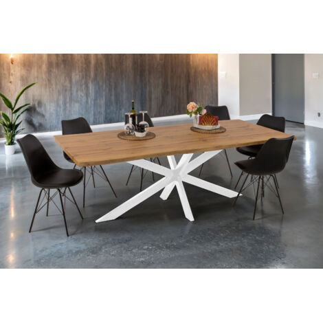 Esstisch Baumkante Holz-Optik Wildeiche 240 x 100 Spider-Gestell weiß JOSY