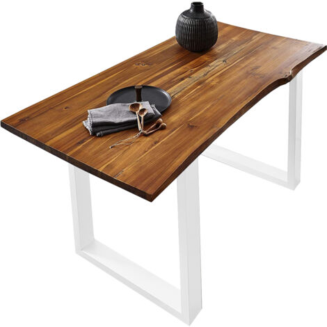Esstisch Baumkante massiv Akazie cognac 160 x 85 weiß Esra