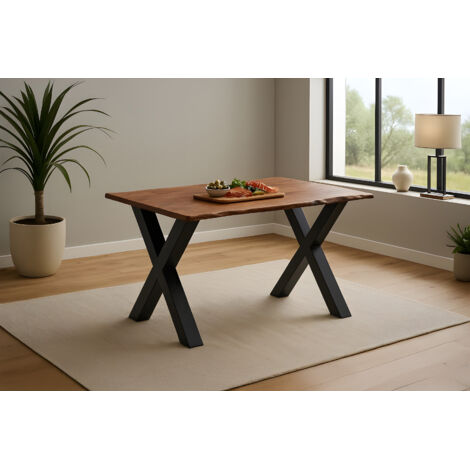 Esstisch Baumkante massiv Akazie kastanienfarben 120 x 80 cm X-Gestell schwarz Roxana