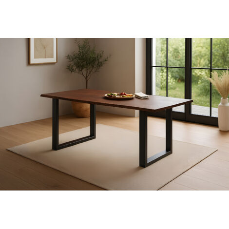 Esstisch Baumkante massiv Akazie kastanienfarben 160 x 85 cm U-Gestell schwarz Roxana