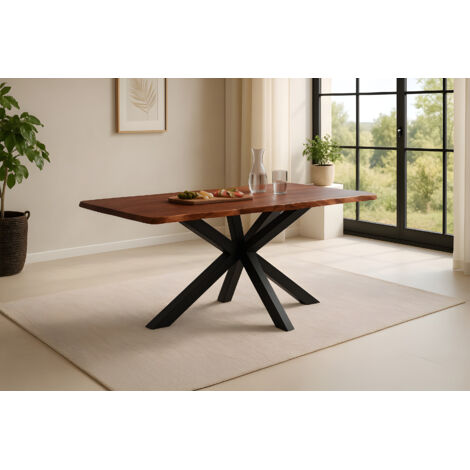 Esstisch Baumkante massiv Akazie kastanienfarben 180 x 90 cm Spider-Gestell schwarz Roxana