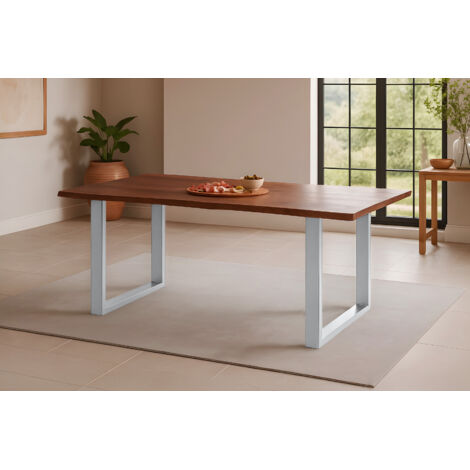 Esstisch Baumkante massiv Akazie kastanienfarben 180 x 90 cm U-Gestell silber Roxana