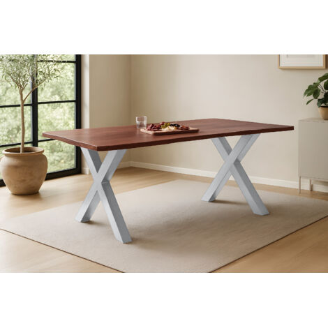 Esstisch Baumkante massiv Akazie kastanienfarben 180 x 90 cm X-Gestell silber Roxana