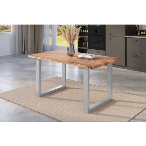 Esstisch Baumkante massiv Akazie natur 120 x 80 U-Gestell silber NICK