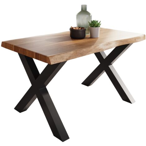 Esstisch Baumkante massiv Akazie Natur 120 x 80 X-Gestell schwarz ATLAS