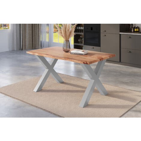 Esstisch Baumkante massiv Akazie natur 140 x 80 silber X-Gestell NICK