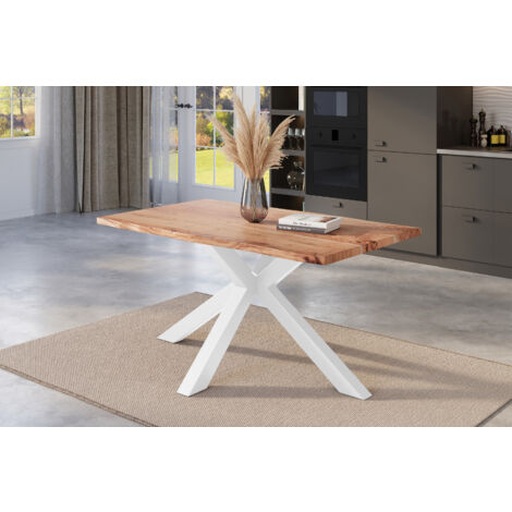 Esstisch Baumkante massiv Akazie natur 160 x 85 cm Spider-Gestell weiß KALEA