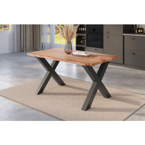 Esstisch Baumkante massiv Akazie natur 160 x 85 schwarz X-Gestell NICK