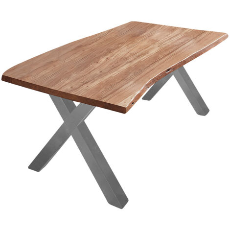 Esstisch Baumkante massiv Akazie natur 160 x 85 X-Gestell silber XANTEN