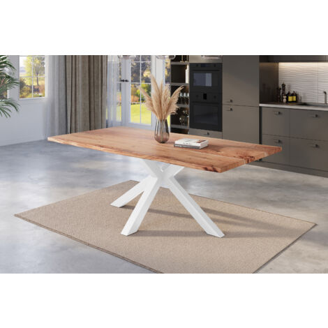 Esstisch Baumkante massiv Akazie natur 180 x 90 cm Spider-Gestell weiß KALEA