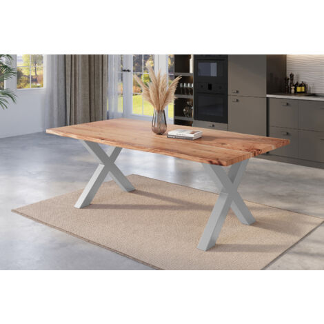 Esstisch Baumkante massiv Akazie natur 180 x 90 silber X-Gestell NICK