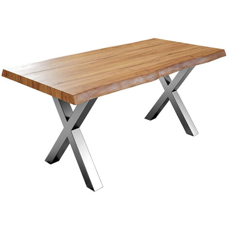 Esstisch Baumkante massiv Akazie natur 180 x 90 silber X-Gestell XEREZ