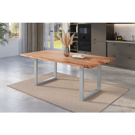Esstisch Baumkante massiv Akazie natur 200 x 100 U-Gestell silber NICK