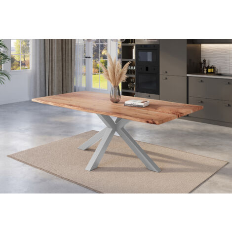 Esstisch Baumkante massiv Akazie natur 220 x 100 cm Spider-Gestell silber KALEA