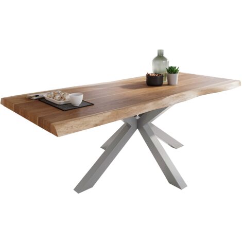 Esstisch Baumkante massiv Akazie natur 220 x 100 Spider-Gestell silber ATLAS