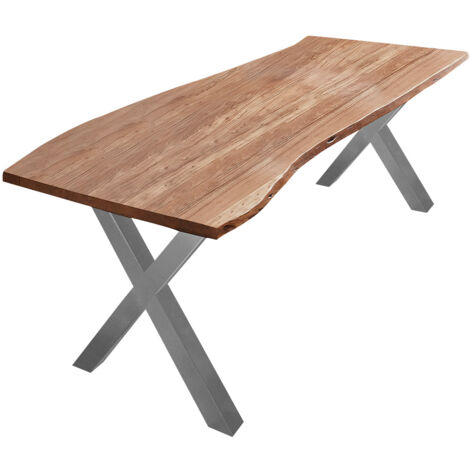 Esstisch Baumkante massiv Akazie natur 220 x 100 X-Gestell silber XANTEN